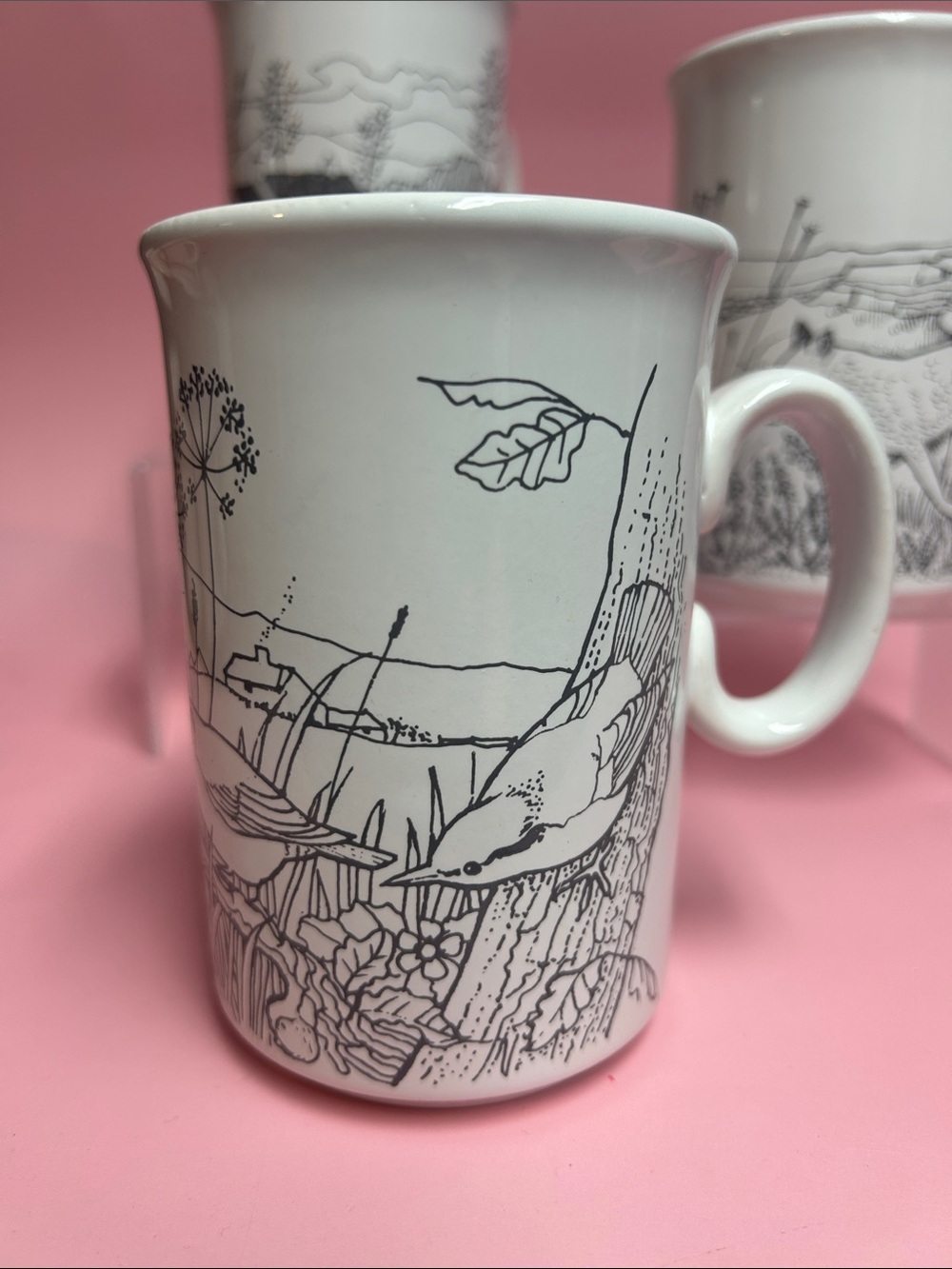 White Ceramic Mug with Black Nature Illustration - Set of 3 - Picture 3 of 7